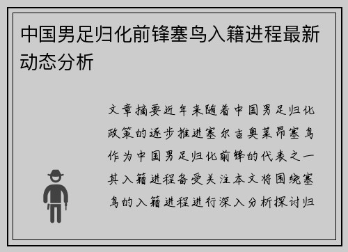 中国男足归化前锋塞鸟入籍进程最新动态分析